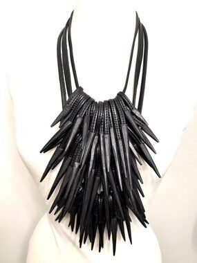 Gerda Lynggaard Monies Gold Foil Ebony Wood & Leather Statement Bib Necklace